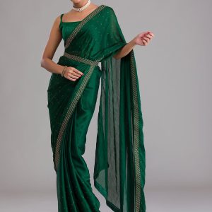 Bottle Green Swarovski Semi Crepe Designer Saree